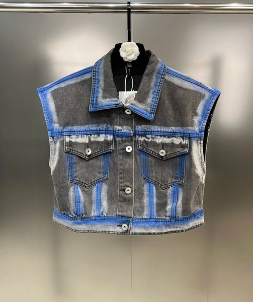 Women Sleeveless Fashion Color Patchwork Denim Vest Two Piece Skirt Set