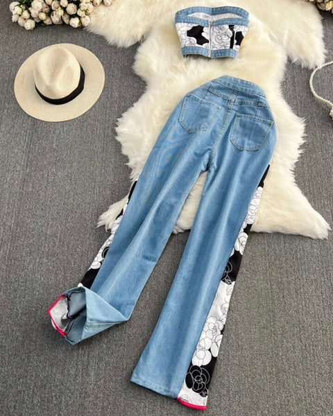Women Strapless Denim Fashion Floral Patchwork Two Piece Pant Set