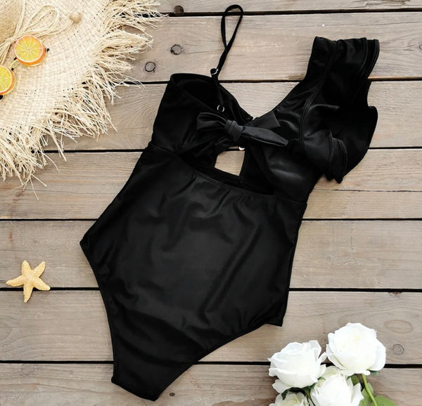 Women Ruffled Shoulder Sexy Black Swimsuit Cover Up Set