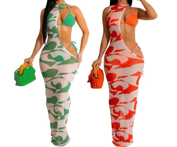 Women Sexy Bikini One Shoulder Maxi Dress Cover Up Set