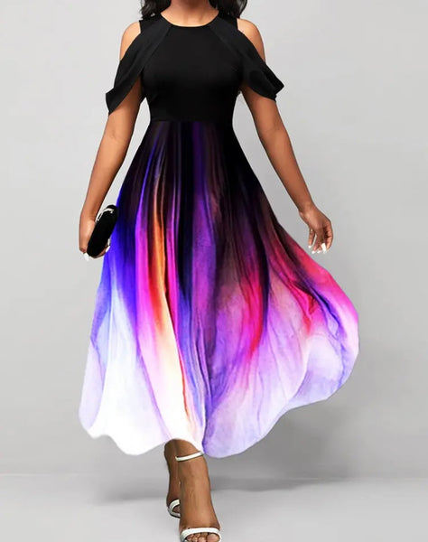 Women Sexy Short Sleeve Colorful Maxi Dress