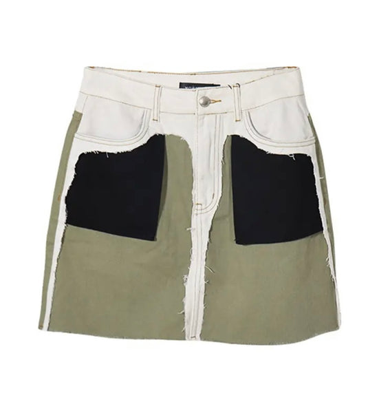 Women Color Patchwork Fashion Denim Skirt