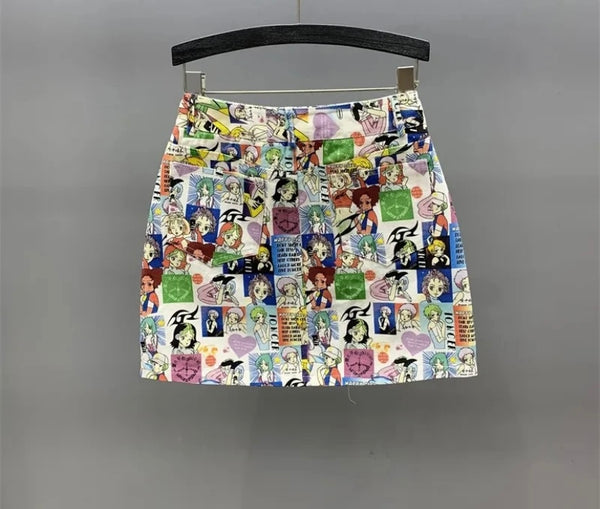 Women Cartoon Print Fashion Denim Skirt