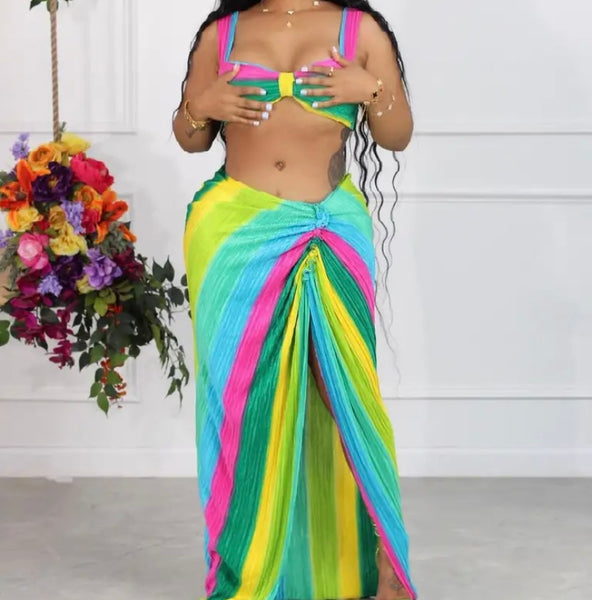 Women Sexy Halter Multicolored Two Piece Maxi Skirt Set