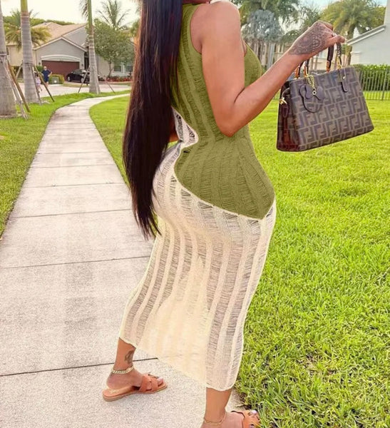 Women Sexy Sleeveless Ripped Color Patchwork Maxi Dress