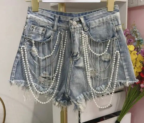 Women Bling Pearl Fashion Ripped Denim Shorts