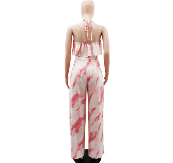 Women Ruffled Sleeveless Halter Two Piece Wide Leg Pant Set