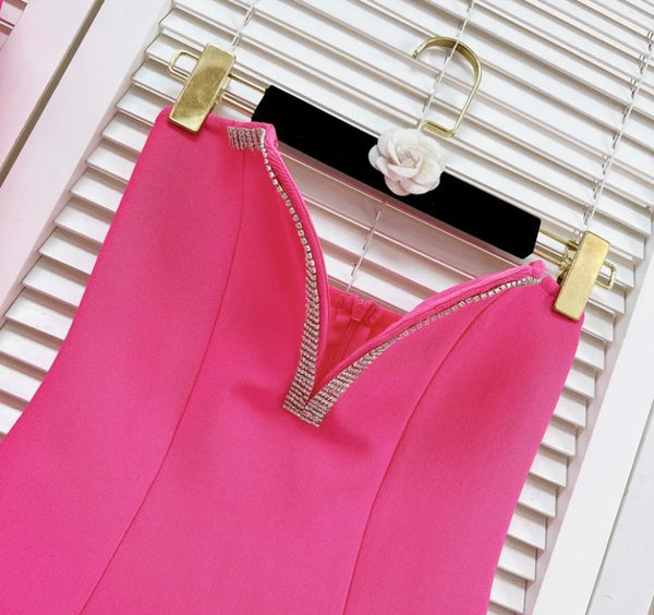 Women Bling Patchwork Pink Sexy Two Piece Dress Set