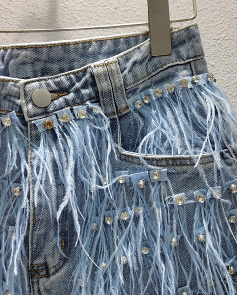 Women Rhinestone Feather Fashion Denim Shorts