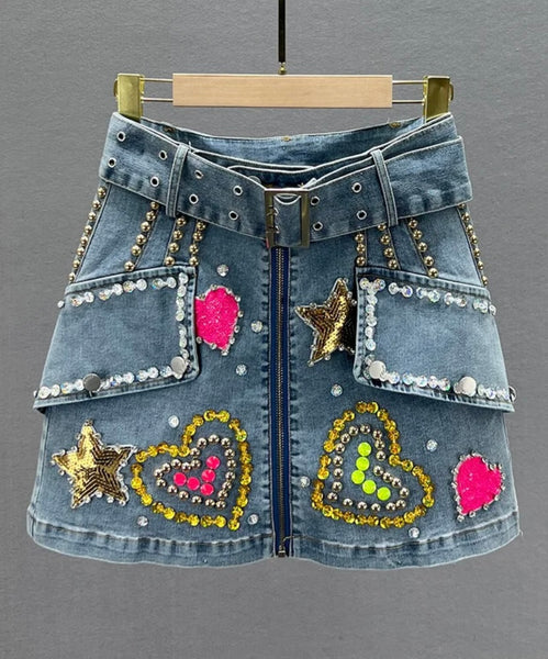 Women Front Zipper Fashion Heart Print Denim Skirt