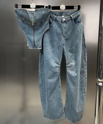 Women Front Zipper Strapless Denim Two Piece Pant Set