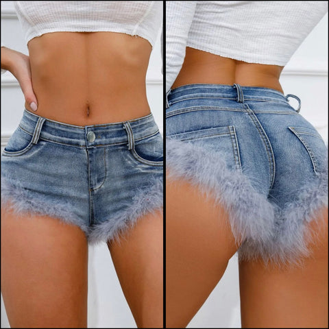Women Feather Patchwork Fashion Denim Mini Shorts