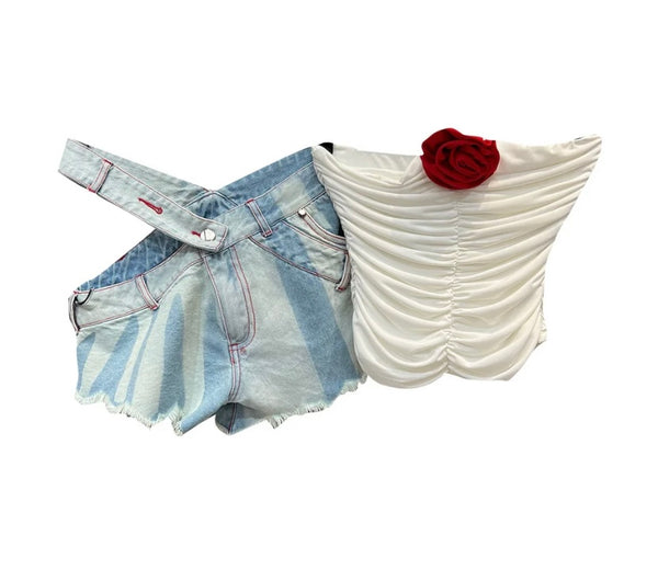 Women Fashion Rose Strapless Tube Top Two Piece Denim Short Set