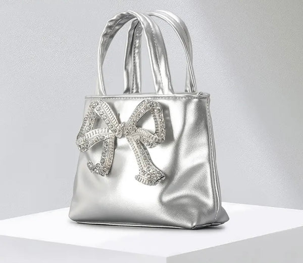 Women Fashion Faux Leather Bling Bow Handbag Purse