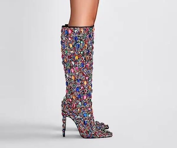 Women Pointed Toe Crystal Gem Knee High Boots