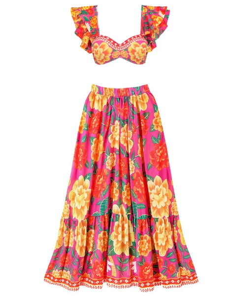 Women Ruffled Colorful Print Sexy Bikini/Swimsuit Cover Up Set