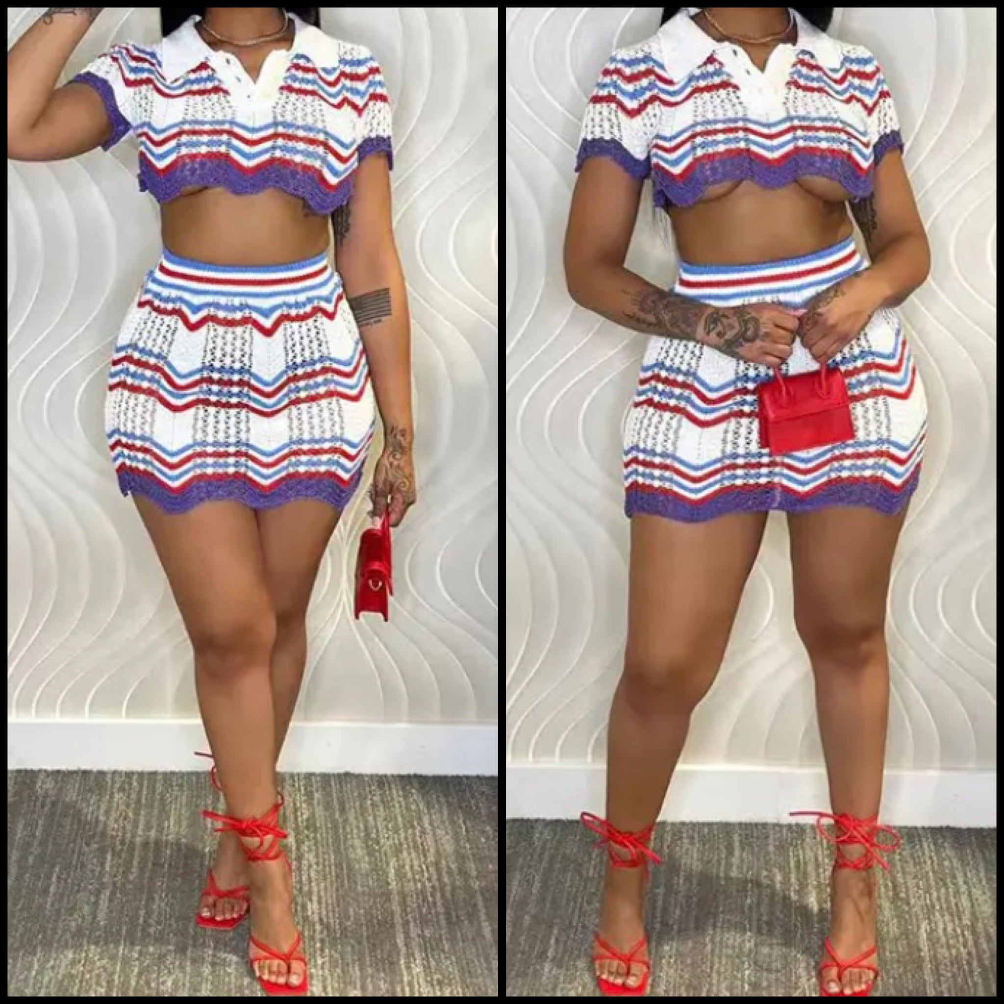 Women Sexy Short Sleeve Knitted Colorful Two Piece Skirt Set