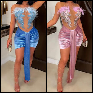 Women Sexy Sleeveless Velour Feather Bling Mesh Patchwork Dress