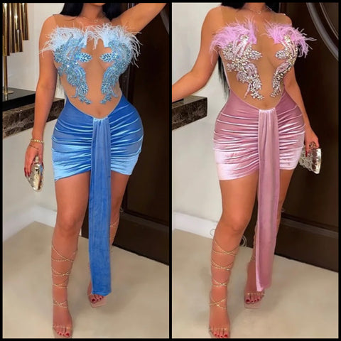 Women Sexy Sleeveless Velour Feather Bling Mesh Patchwork Dress
