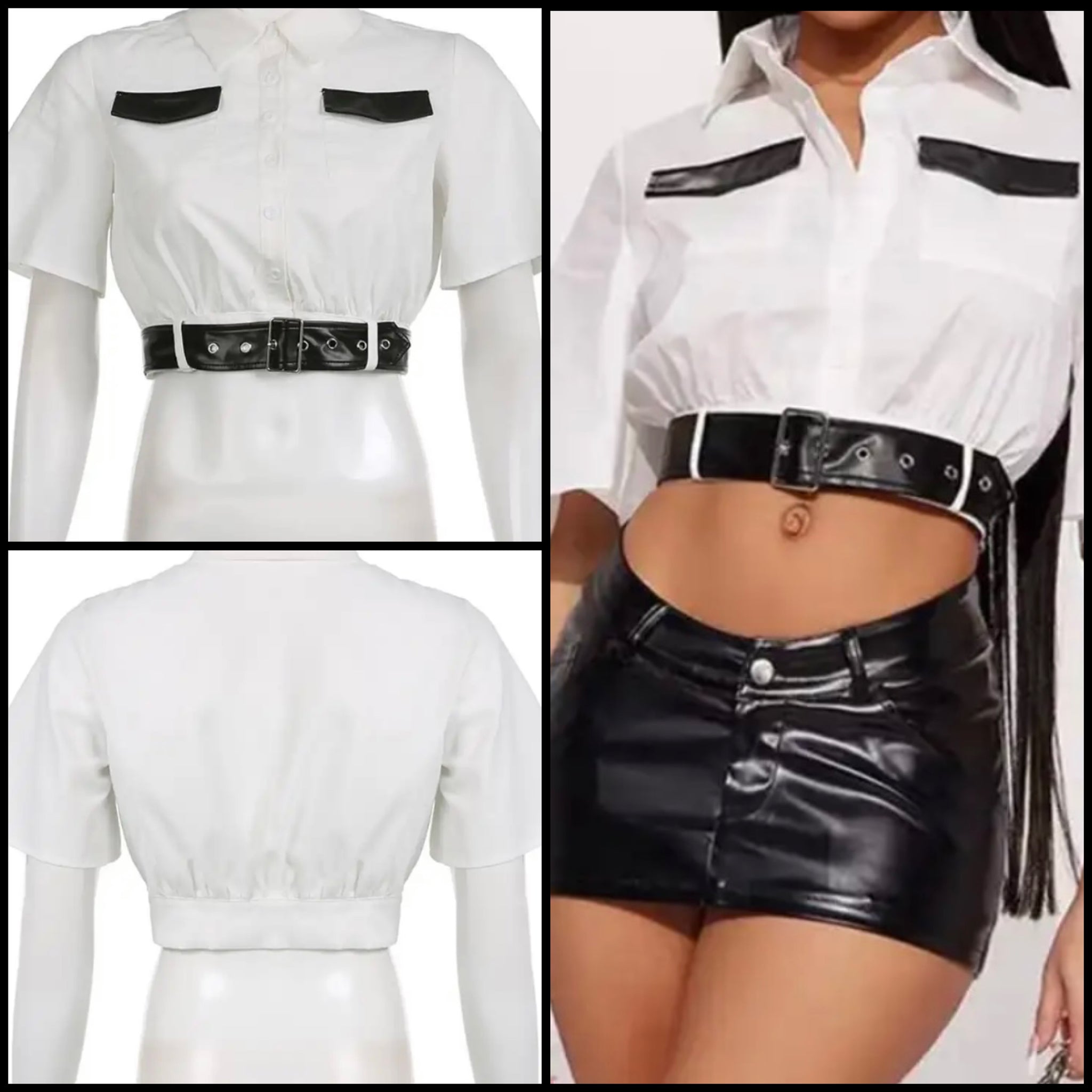 Women Short Sleeve PU Patchwork Belted Crop Top