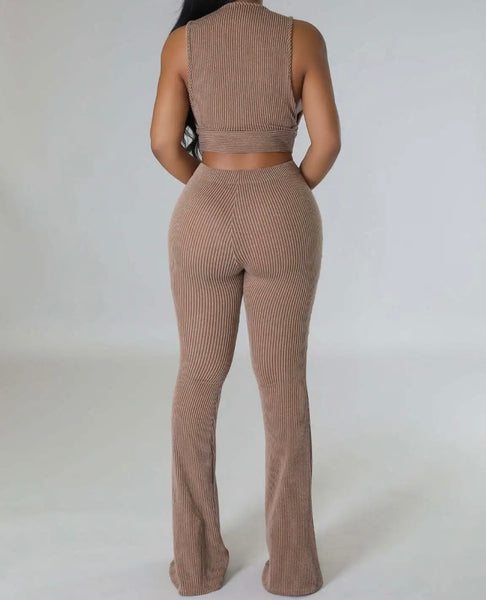 Women Ribbed Sleeveless Solid Color Sexy Two Piece Pant Set