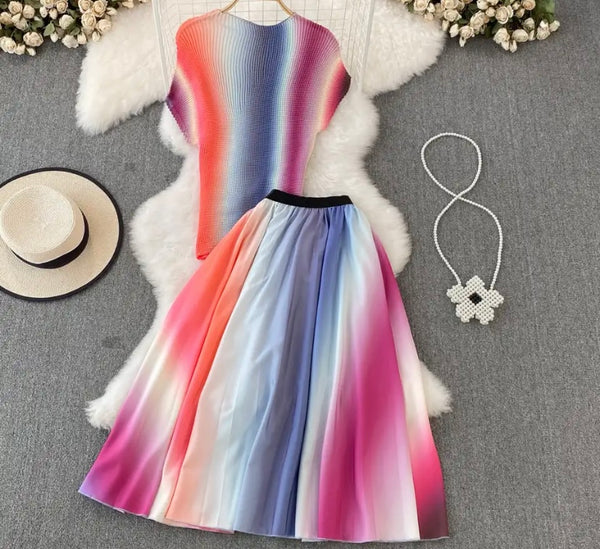 Women Printed Short Sleeve Two Piece Pleated Maxi Skirt Set