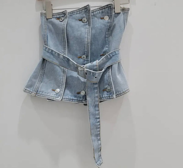 Women Fashion Strapless Button Belted Denim Crop Top