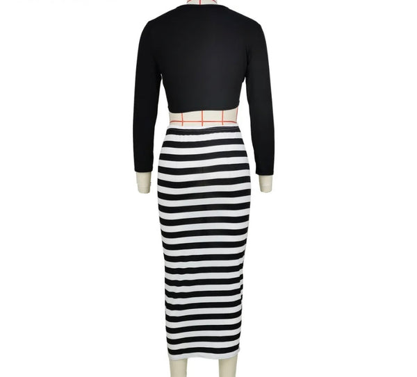 Women Sexy Full Sleeve Crop B&W Striped Two Piece Skirt Set