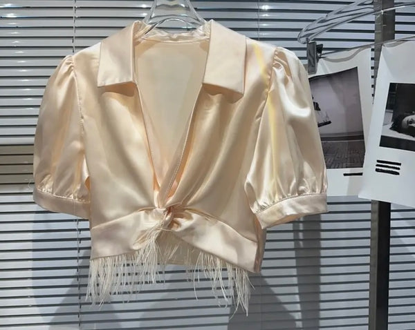 Women Short Sleeve Satin Feather Crop Top