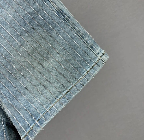 Women Fashion Denim Rhinestone Patchwork Shorts