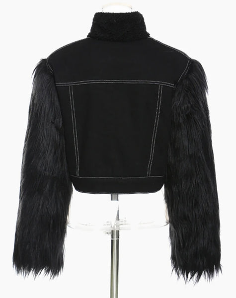 Women Black Button Up Fashion Denim Faux Fur Sleeve Jacket