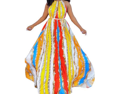 Women Sleeveless Halter Colorful Print Sexy Maxi Dress
