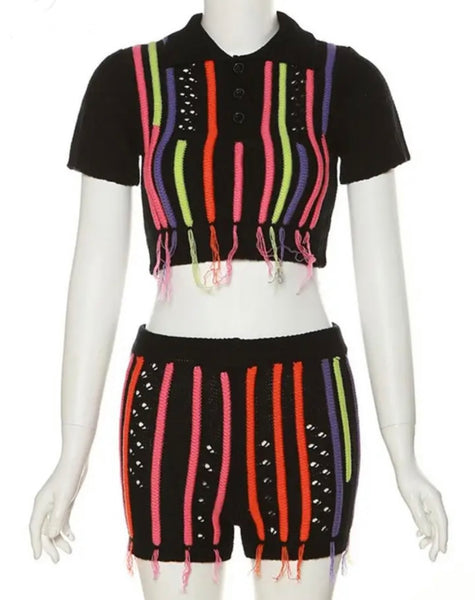 Women Short Sleeve Fashion Neon Striped Two Piece Short Set