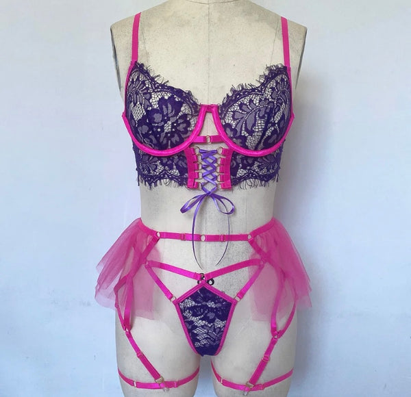 Women Sexy Color Patchwork Lace Up Lingerie Set