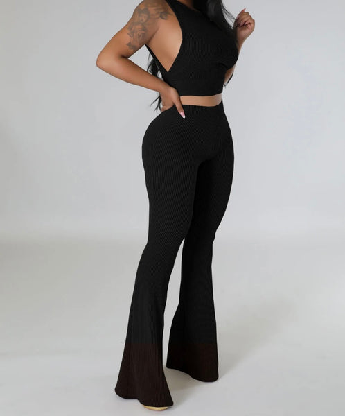 Women Ribbed Sleeveless Solid Color Sexy Two Piece Pant Set