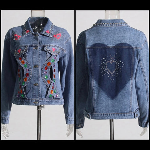 Women Fashion Heart Gem Denim Jacket