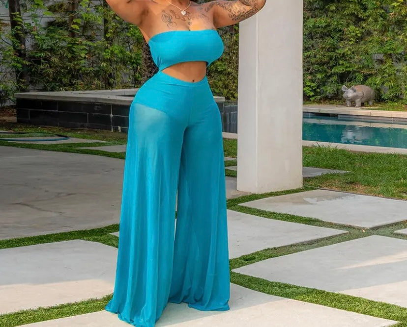 Women Sexy Solid Color Strapless Tube Top Two Piece Pant Set