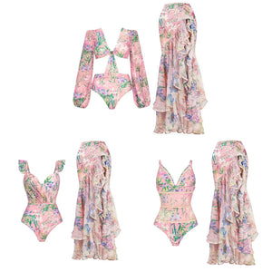 Women Sexy Pink Floral Swimsuit Ruffled Skirt Cover Up Set