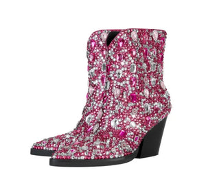 Women Pointed Toe Bling Gem Fashion Ankle Western Boots