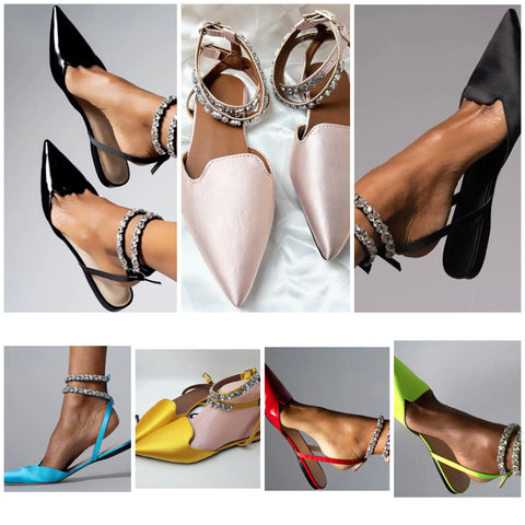 Women Pointed Toe Fashion Flat Rhinestone Ankle Strap Sandals