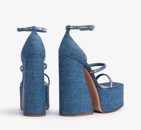 Women Fashion Platform Denim Bling Ankle Strap Sandals