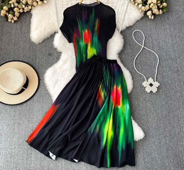 Women Printed Short Sleeve Two Piece Pleated Maxi Skirt Set