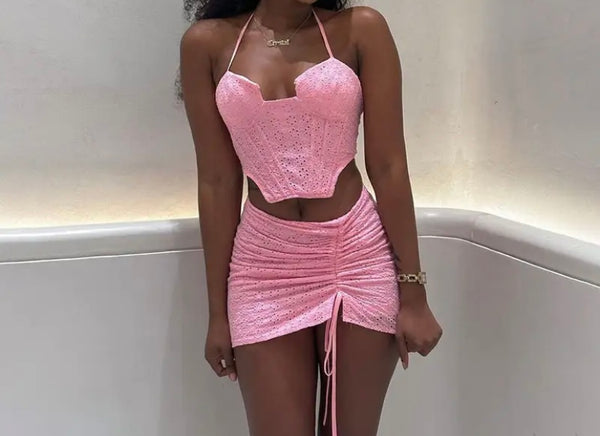 Women Sleeveless Crop Drawstring Two Piece Skirt Set