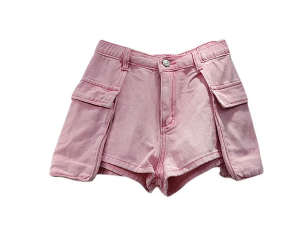 Women Solid Color Fashion Side Pocket Denim Shorts