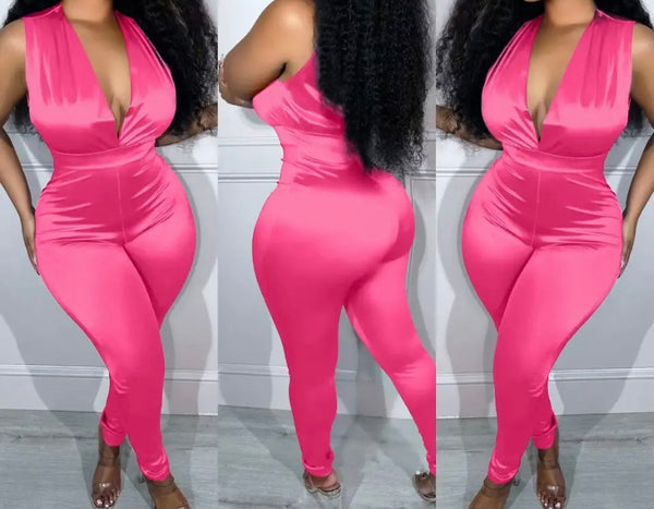 Women Sexy Sleeveless Satin Solid Color Jumpsuit