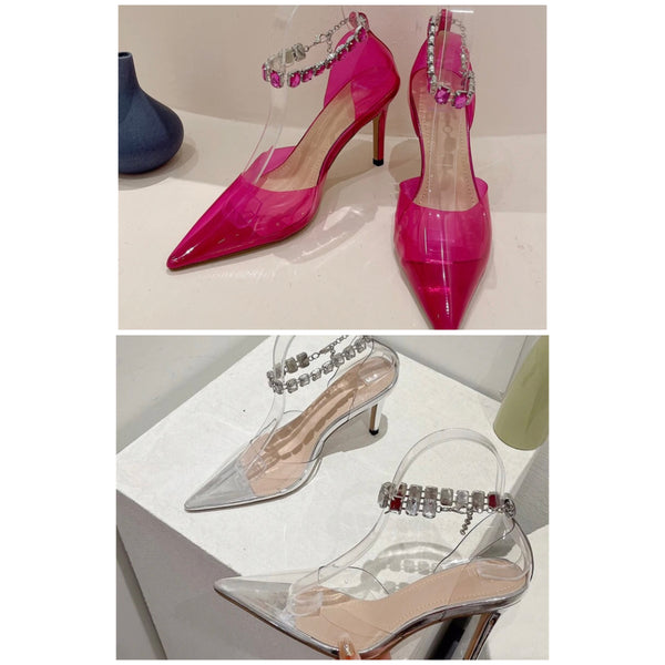 Women Pointed Toe Transparent Rhinestone Ankle Strap High Heels