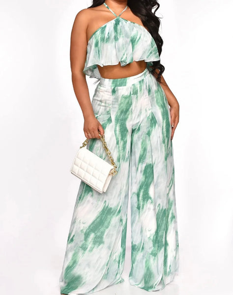Women Ruffled Sleeveless Halter Two Piece Wide Leg Pant Set