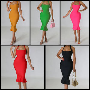 Women Sexy Halter Sleeveless Solid Color Ruffled Dress