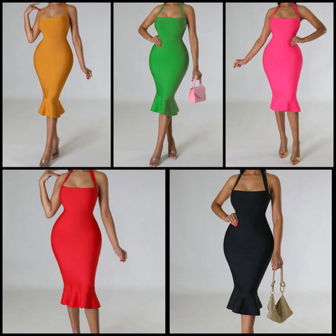 Women Sexy Halter Sleeveless Solid Color Ruffled Dress