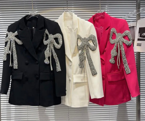 Women Sexy Fashion Rhinestone Bling Bow Blazer Top